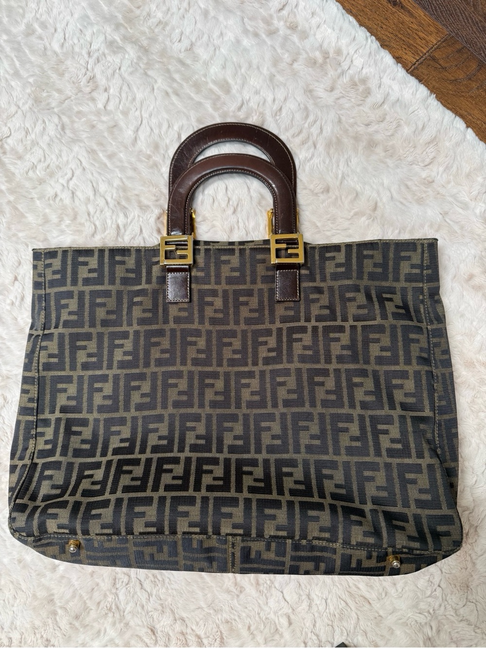 Fendi Brown and Black FF Logo Canvas Tote with Leather Handles